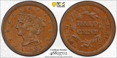 1849 1/2C AU58BN