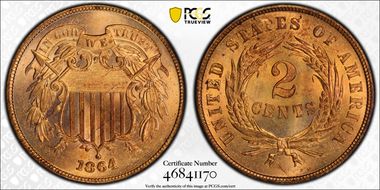 1864 2C Large Motto MS64+ RD