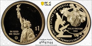 2019-S $1 American Innovation PA Polio Vaccine 1953 PR69DCAM