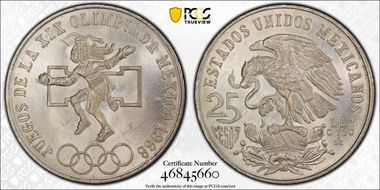 1968-Mo 25 Peso Olympic KM-479.1 Rings Align, Straight Tongue MS65