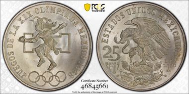 1968-Mo 25 Peso Olympic KM-479.1 Rings Align, Straight Tongue MS66