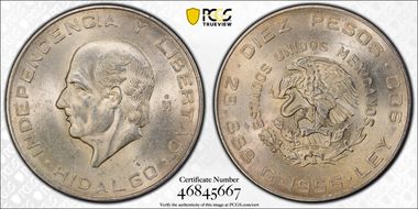 1956-Mo 10 Peso Hildago KM-474  Ag MS63
