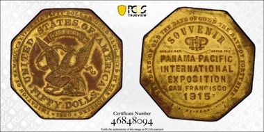 1915 SC$1 HK-424 Gilt Bronze Panama Pacific Expo N1