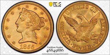 1855 $5 MS64+