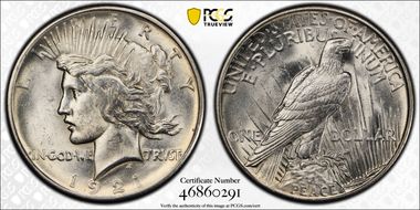 1921 $1 High Relief, Peace MS62