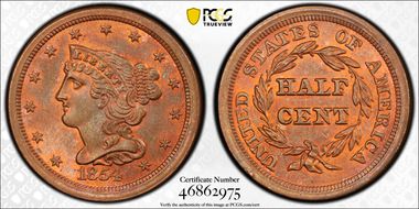1854 1/2C MS64+ RB