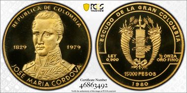 1980 15000 P Jose Maria Cordova KM-278  Au PR69DCAM