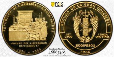 1980 30000 P Death of Bolivar KM-269  Au PR69DCAM