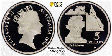 1994 $5 Ludwig Leichhardt Australian Explorers PR70DCAM