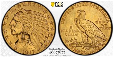1911-D $5 AU55