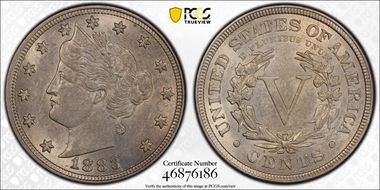 1883 5C With CENTS AU58