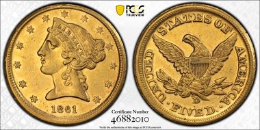 1861-D $5 AU55