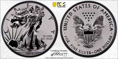 2019-W $1 Silver Eagle Enhanced Rev PR Pride of Two Nations, U.S. Set First Strike PR70