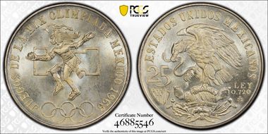 1968-Mo 25 Peso Olympic KM-479.1 Rings Align, Straight Tongue MS67+