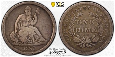 1837 10C Seated, Large Date F15