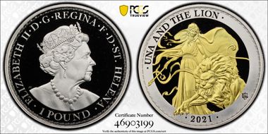 2021 £1 Una and the Lion 1oz Ag Selective Gilt PR68DCAM