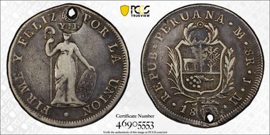 (1834-37) 8 R Double Y.II. C/M on Holed Peru KM-142.1 8R VF25