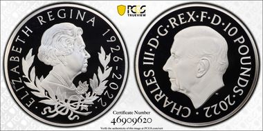 2022 £10 Elizabeth II  1926-2022 Ag 10oz Single Mature Bust PR69DCAM