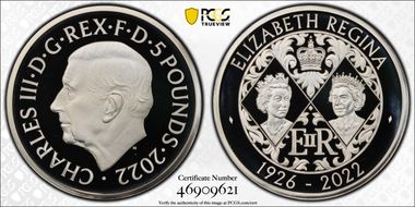 2022 £5 Elizabeth II Memorial Ag Piedfort Young and Mature Busts PR69DCAM