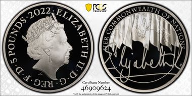 2022 £5 Commonwealth of Nations Ag The Queen's Reign PR70DCAM