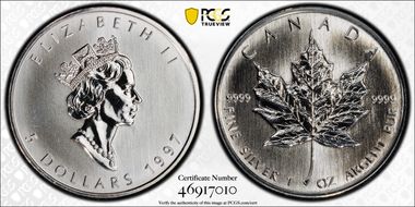 1997 $5 Maple Leaf Ag MS69