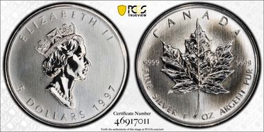 1997 $5 Maple Leaf Ag MS69