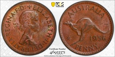 1956 Y. (p) 1D Melbourne obverse MS62BN