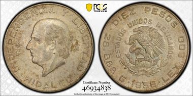 1956-Mo 10 Peso Hildago KM-474  Ag MS63