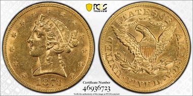 1873 $5 Closed 3 AU55