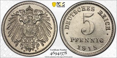 1915-D 5 Pfg Iron J-297 MS65