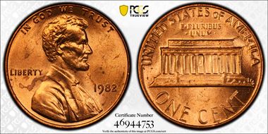 1982 1C Bronze, Small Date MS64RD