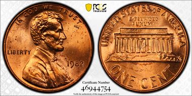 1982 1C Bronze, Small Date MS65RD