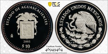 2005-Mo 10 Peso Aguascalientes KM-720  Ag PR69DCAM