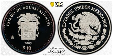 2005-Mo 10 Peso Aguascalientes KM-720  Ag PR69DCAM