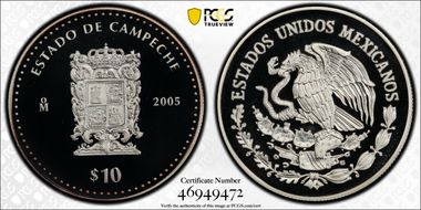 2005-Mo 10 Peso Campeche KM-726  Ag PR69DCAM