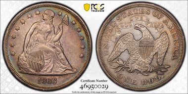 1866 $1 Motto AU53