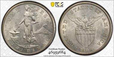 1908-S Peso KM-172  Ag AU58