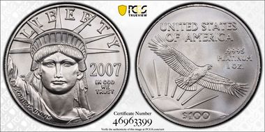 2007 $100 Statue of Liberty First Strike Mint Engravers Series Mercanti Flag MS70