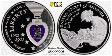 2022-W $1 National Purple Heart Hall of Honor Colorized PR70DCAM