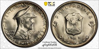 1947-S Peso Douglas MacArthur KM-185  Ag MS66