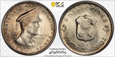1947-S 50C Douglas MacArthur KM-184  Ag MS65