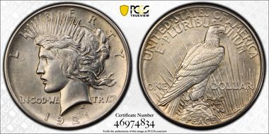 1921 $1 High Relief, Peace AU58