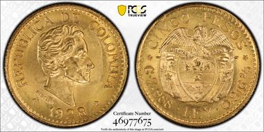 1928 5 Peso Restrepo-455.7 MFDFLLIN MS65