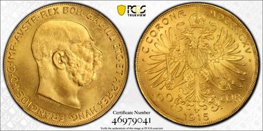 1915 100 Cor Restrike KM-2819  Au MS67