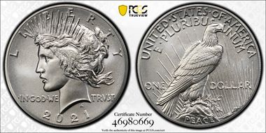 2021 $1 Peace Dollar 100th Anniversary MS70