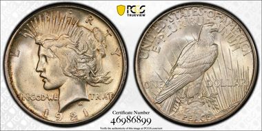 1921 $1 High Relief, Peace MS64