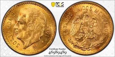 1955-M 5 Peso KM-464  Au MS65