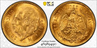 1955-M 5 Peso KM-464  Au MS66