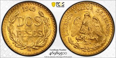 1945-Mo 2 Peso KM-461  Au MS66