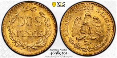 1945-Mo 2 Peso KM-461  Au MS66